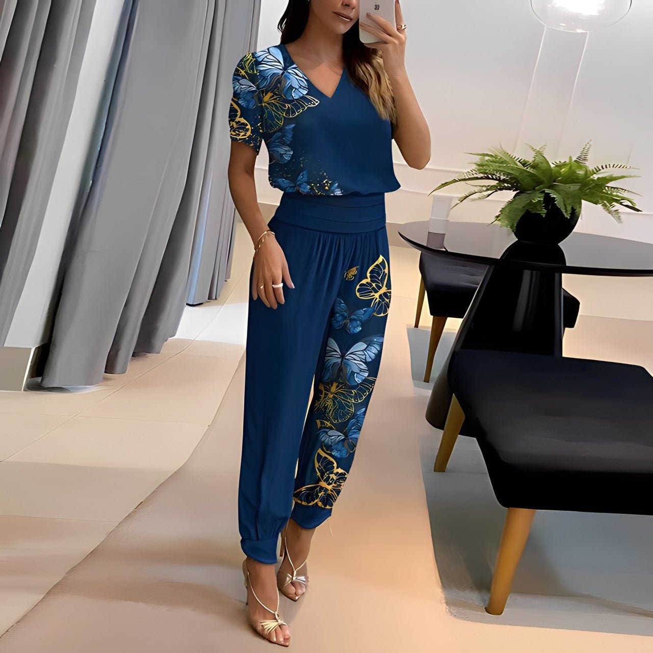 Women's Short-Sleeve V-Neck Top and Wide-Leg Trousers Set
