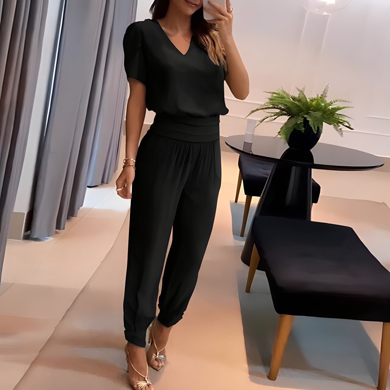 Women's Short-Sleeve V-Neck Top and Wide-Leg Trousers Set