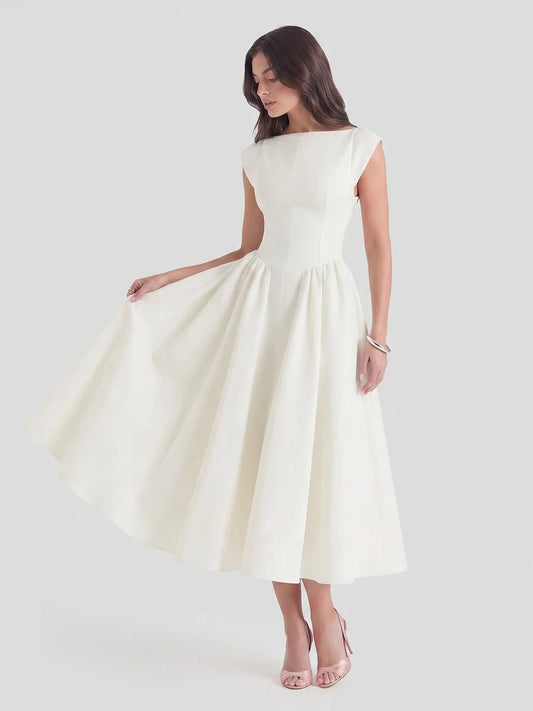 Women's Retro Bateau-Neck Satin Midi Dress