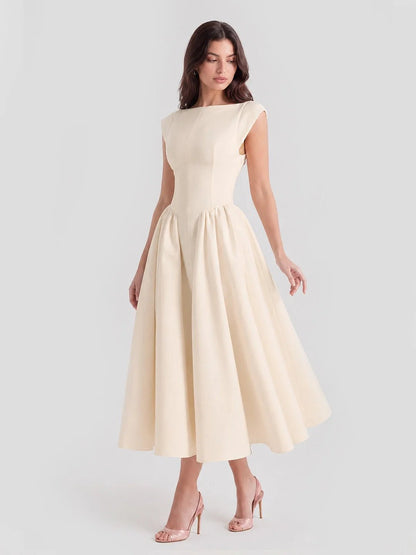 Women's Retro Bateau-Neck Satin Midi Dress