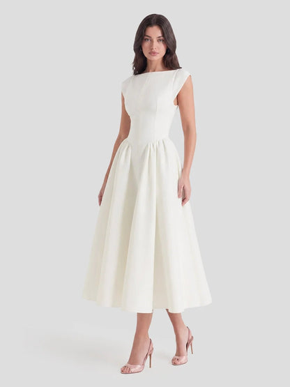 Women's Retro Bateau-Neck Satin Midi Dress