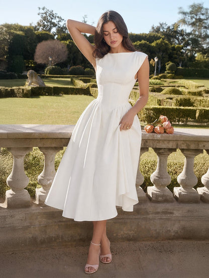 Women's Retro Bateau-Neck Satin Midi Dress