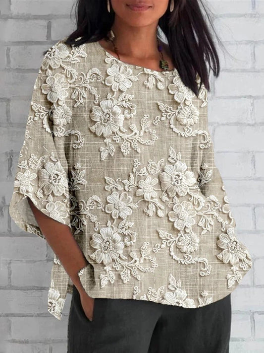 Women's Vintage-Style Floral Relaxed Blouse with Lace Trim