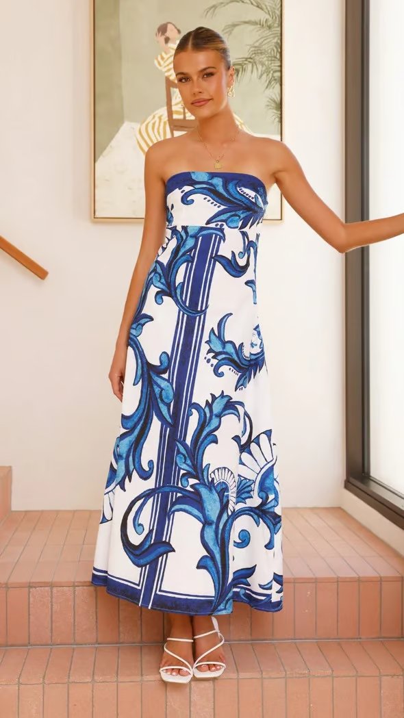 Women's Strapless Vintage Print Maxi Dress