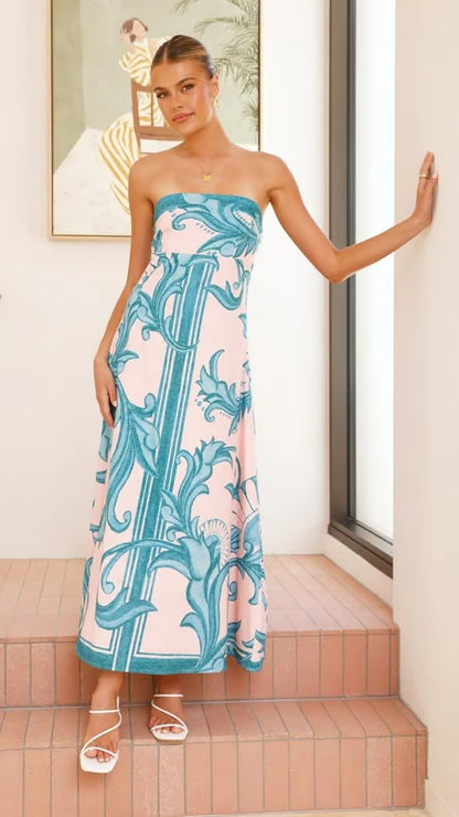 Women's Strapless Vintage Print Maxi Dress