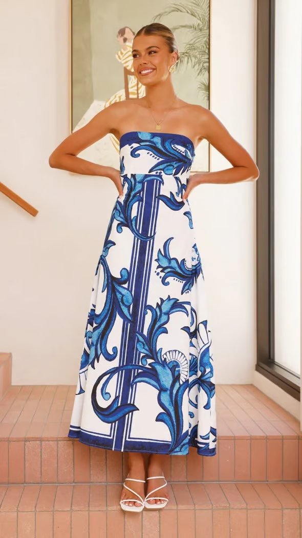 Women's Strapless Vintage Print Maxi Dress