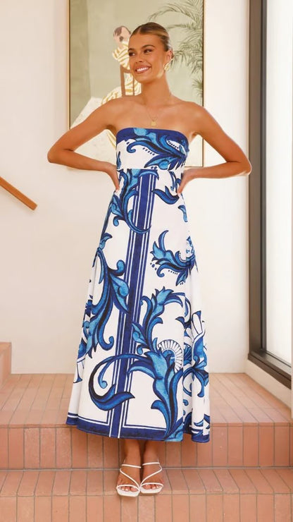 Women's Strapless Vintage Print Maxi Dress