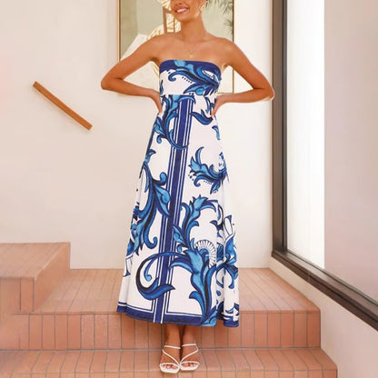 Women's Strapless Vintage Print Maxi Dress