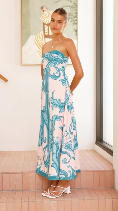 Women's Strapless Vintage Print Maxi Dress