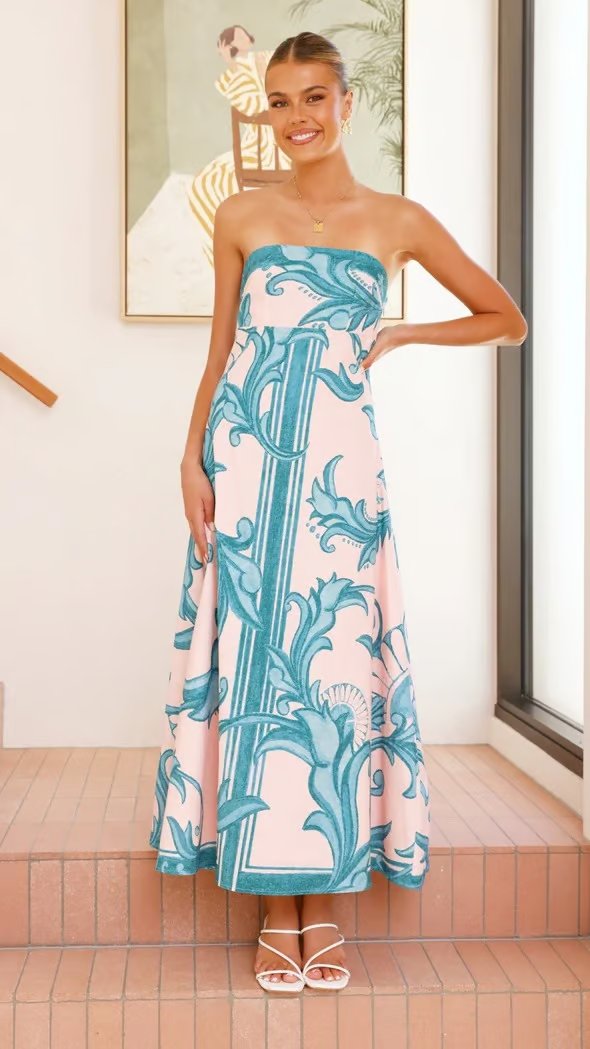 Women's Strapless Vintage Print Maxi Dress