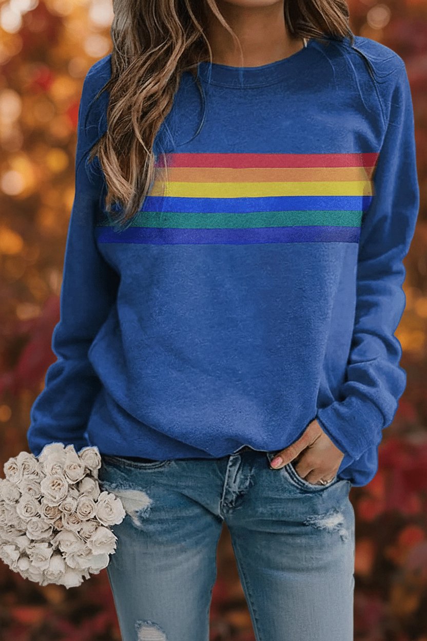 Women's Loose-Fit Retro Rainbow Striped Sweatshirt