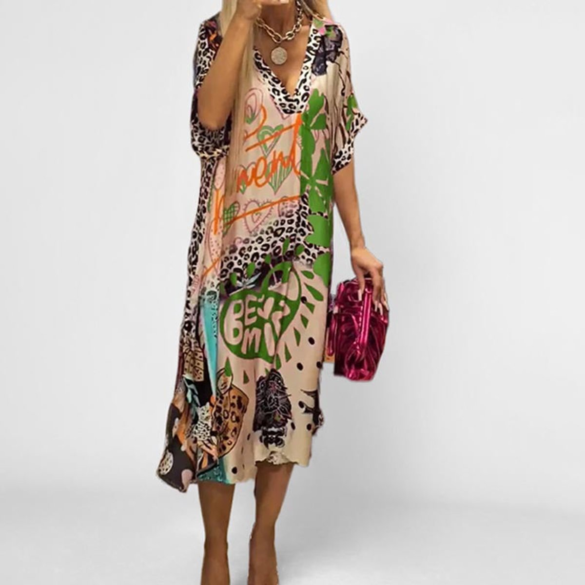 Women's V-Neck Flared Graphic Print Tunic Shirt