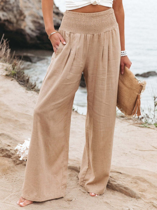 Women's Elastic-Waist Wide-Leg Linen Trousers