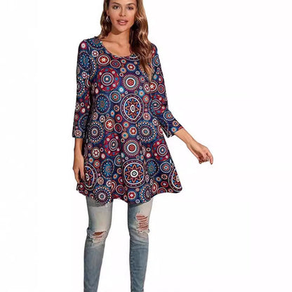 Women's 3/4-Sleeve Mandala Print Loose Tunic Top
