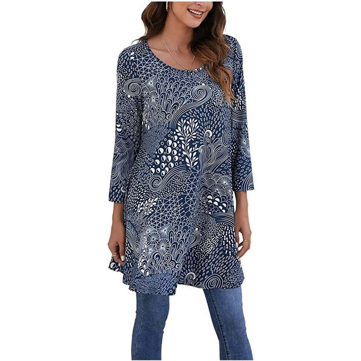 Women's 3/4-Sleeve Mandala Print Loose Tunic Top