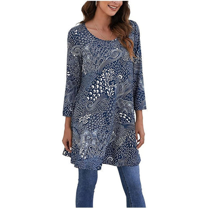 Women's 3/4-Sleeve Mandala Print Loose Tunic Top