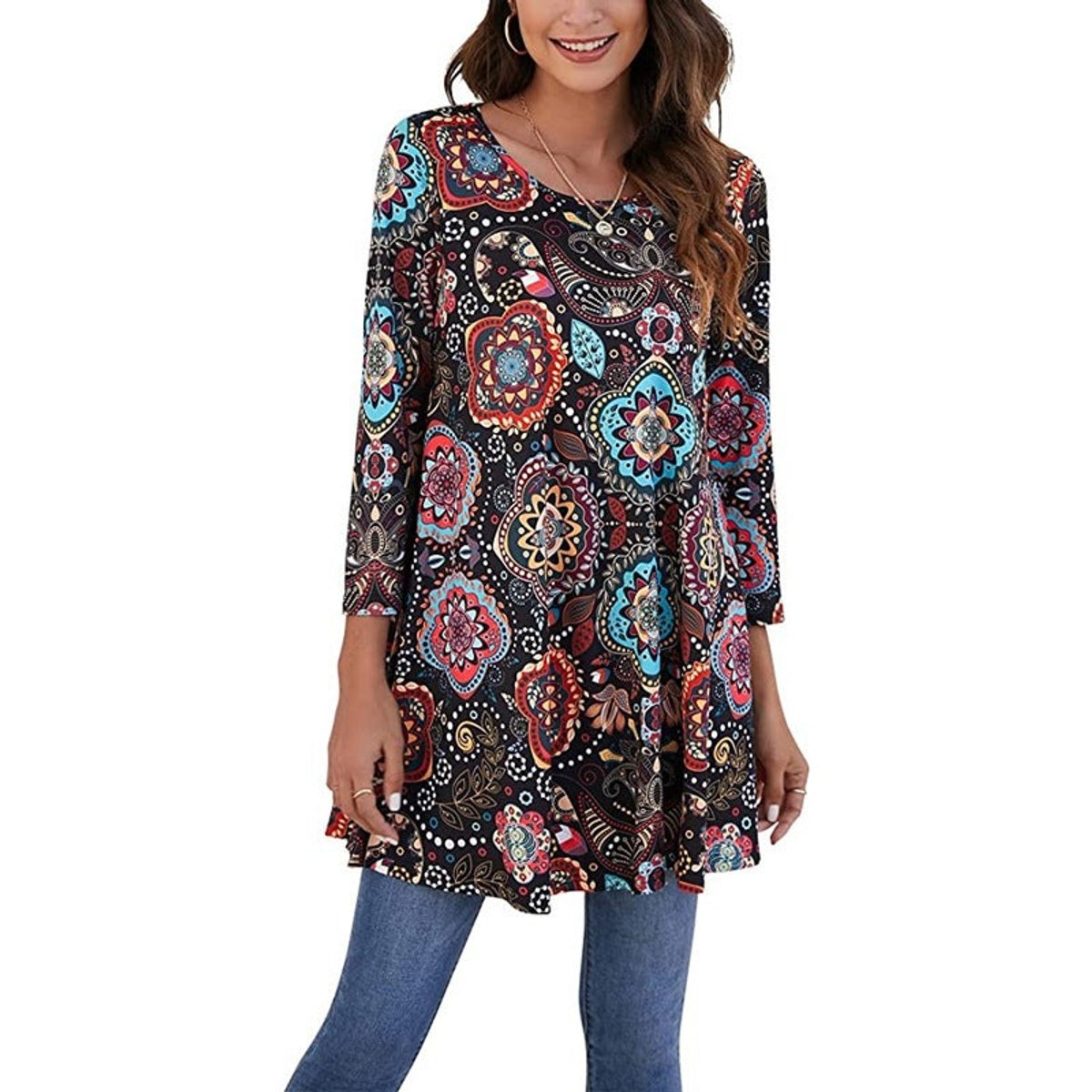 Women's 3/4-Sleeve Mandala Print Loose Tunic Top