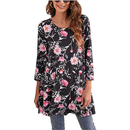 Women's 3/4-Sleeve Mandala Print Loose Tunic Top