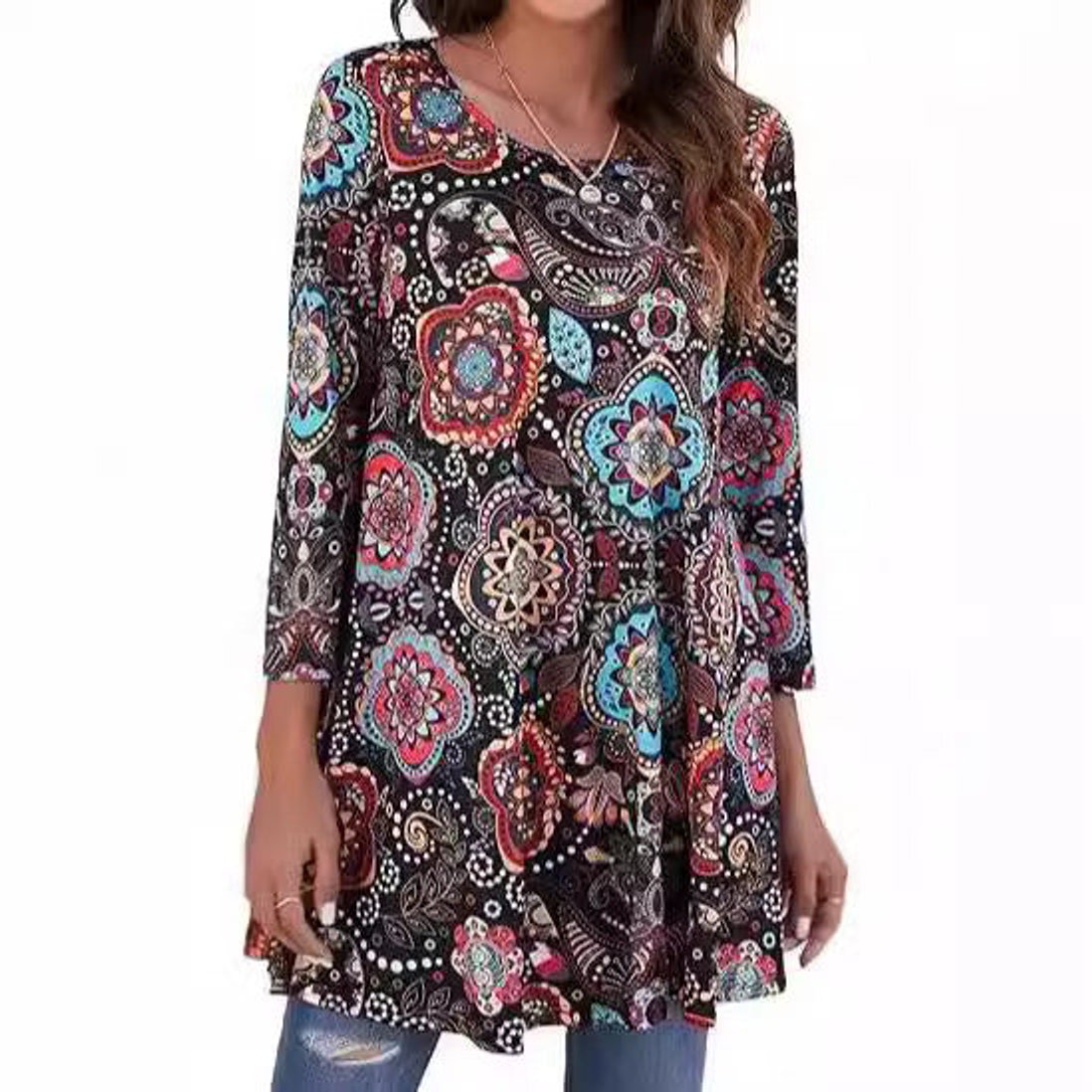 Women's 3/4-Sleeve Mandala Print Loose Tunic Top