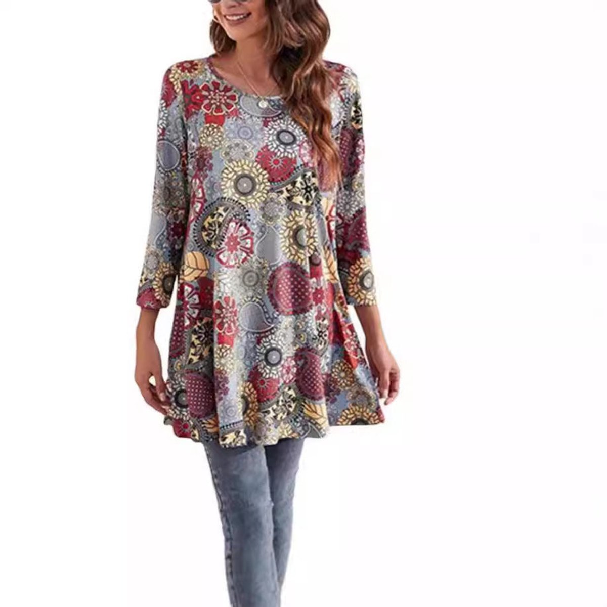 Women's 3/4-Sleeve Mandala Print Loose Tunic Top