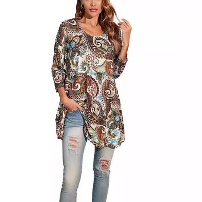 Women's 3/4-Sleeve Mandala Print Loose Tunic Top