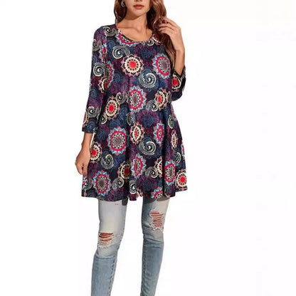 Women's 3/4-Sleeve Mandala Print Loose Tunic Top