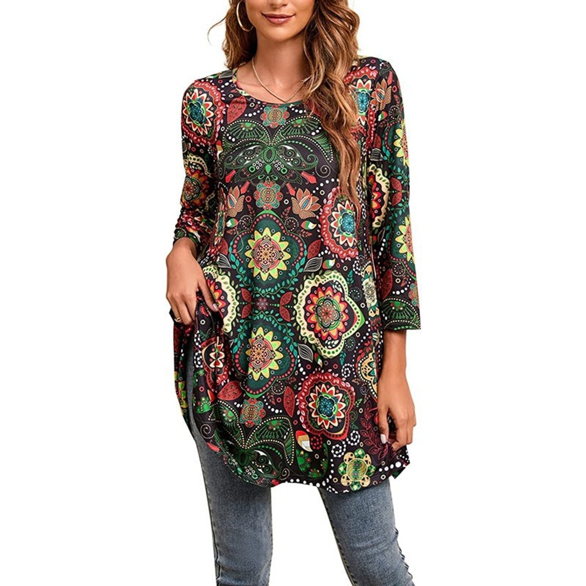 Women's 3/4-Sleeve Mandala Print Loose Tunic Top