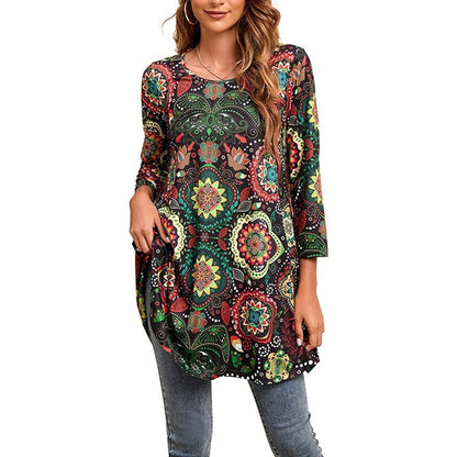 Women's 3/4-Sleeve Mandala Print Loose Tunic Top
