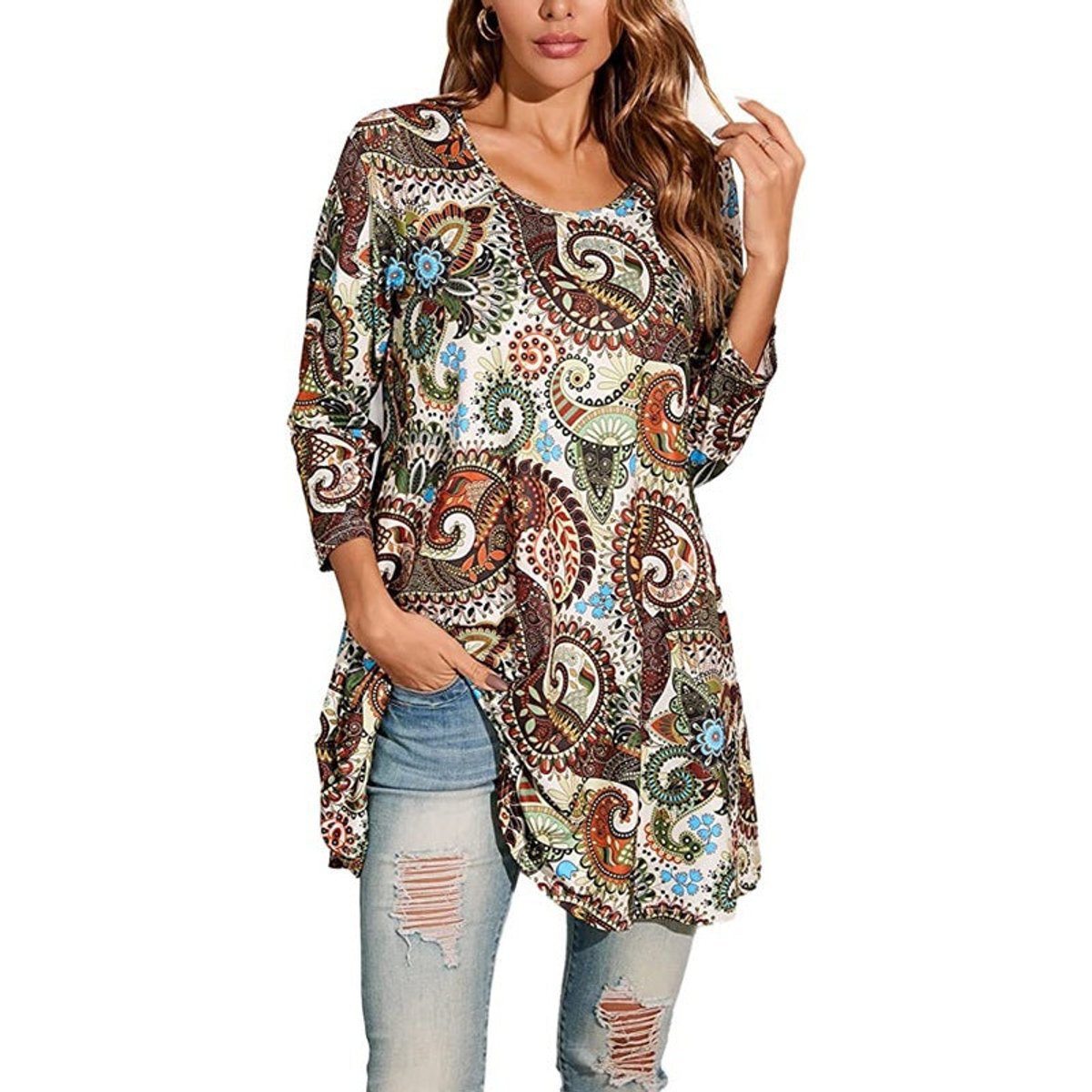 Women's 3/4-Sleeve Mandala Print Loose Tunic Top