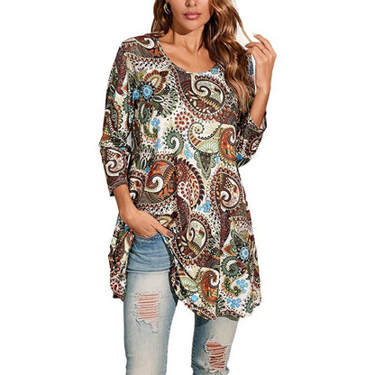 Women's 3/4-Sleeve Mandala Print Loose Tunic Top