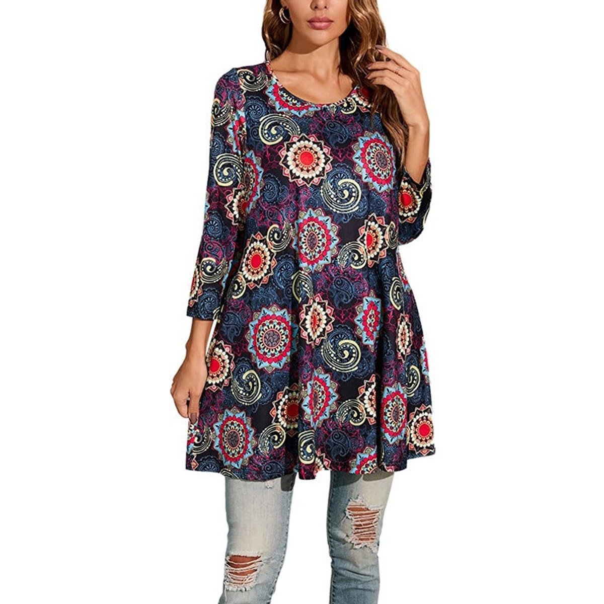 Women's 3/4-Sleeve Mandala Print Loose Tunic Top