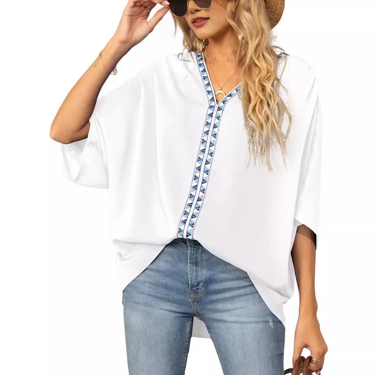 Women's Geometric Embroidered Trim V-Neck Loose Tunic