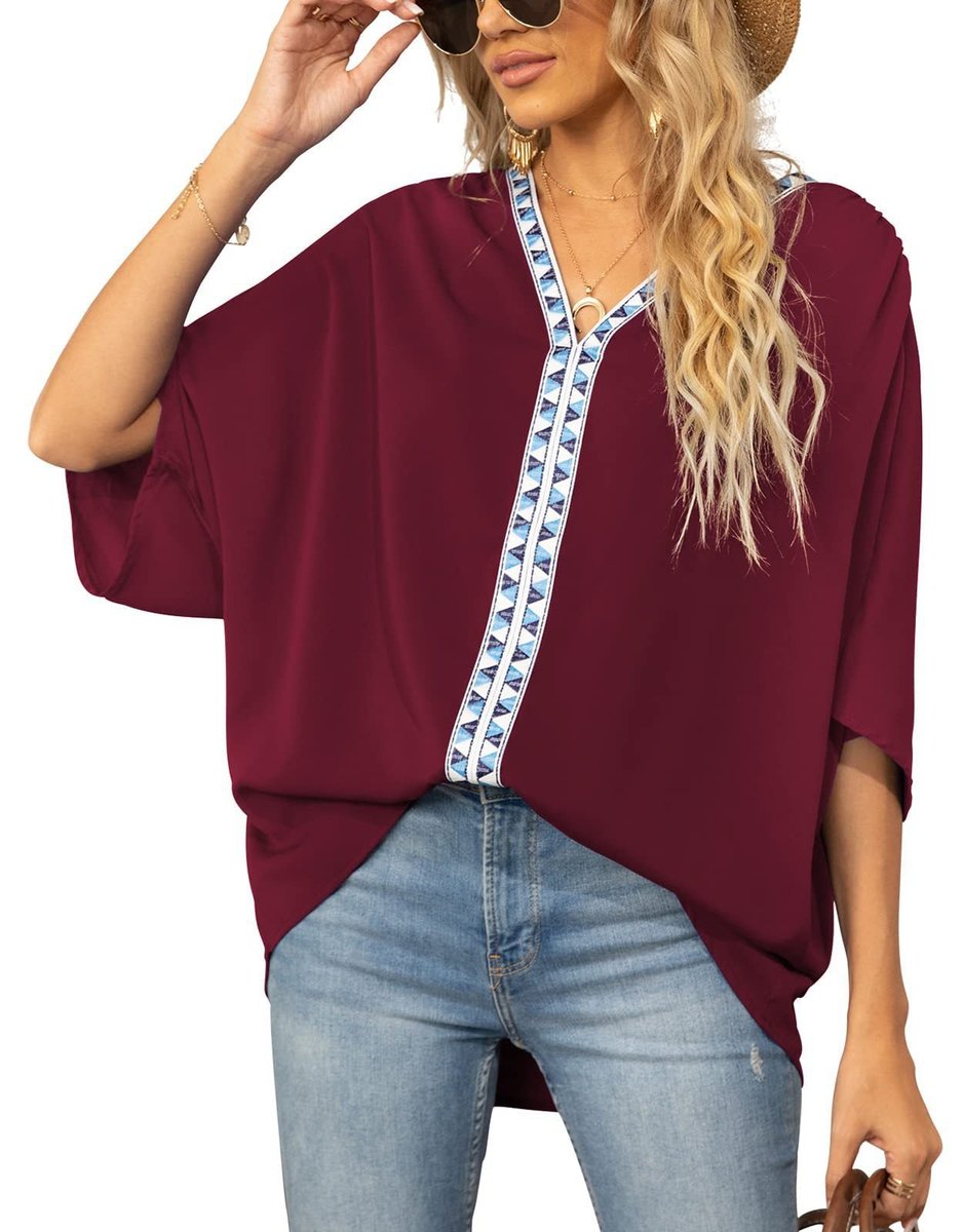Women's Geometric Embroidered Trim V-Neck Loose Tunic