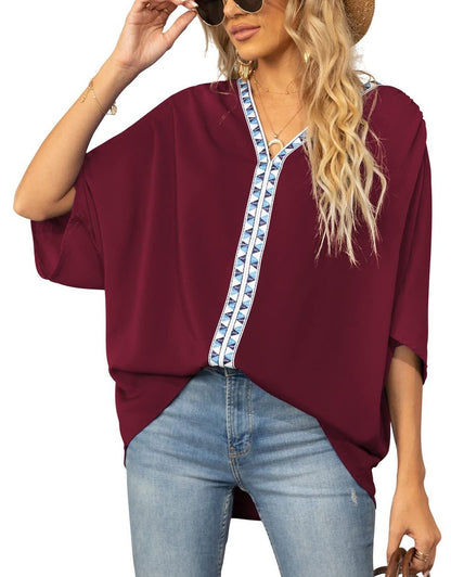 Women's Geometric Embroidered Trim V-Neck Loose Tunic