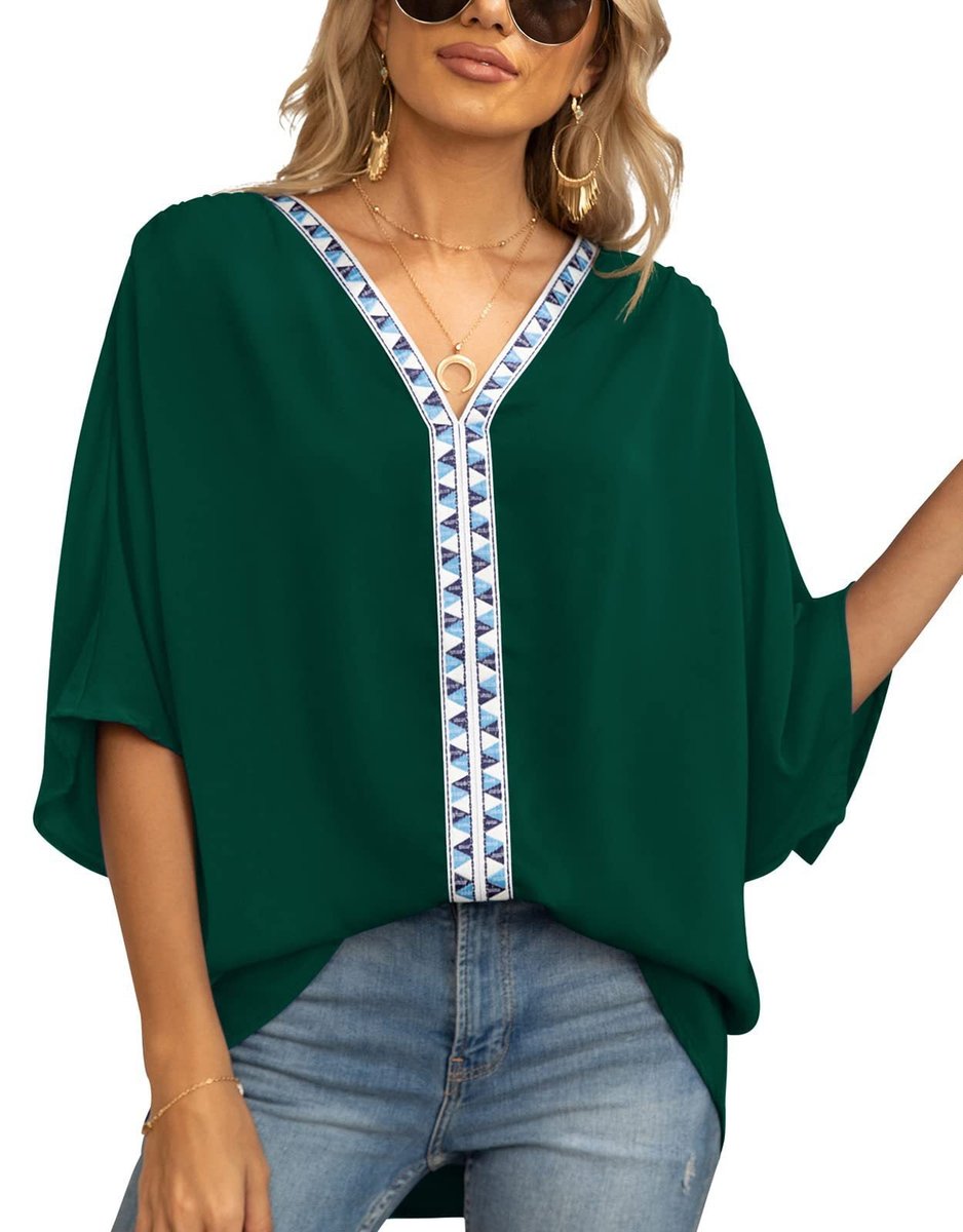 Women's Geometric Embroidered Trim V-Neck Loose Tunic
