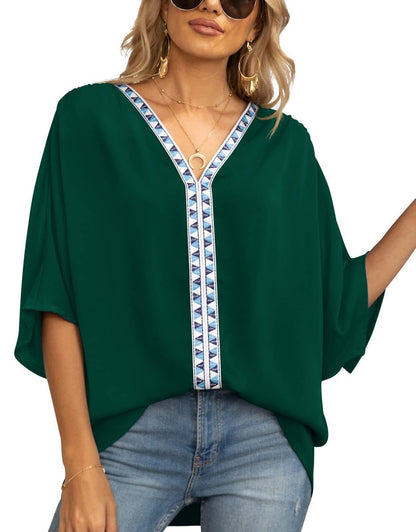 Women's Geometric Embroidered Trim V-Neck Loose Tunic