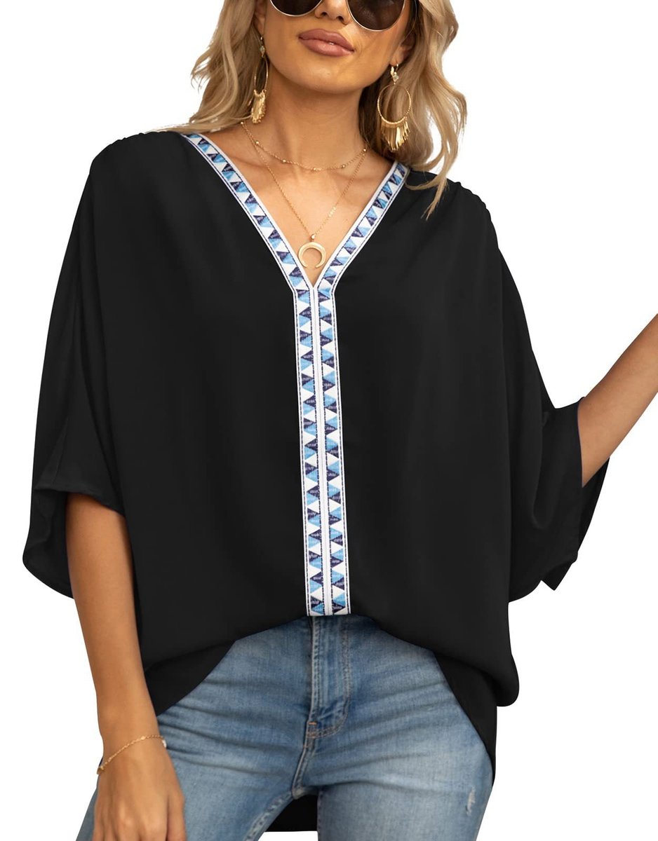 Women's Geometric Embroidered Trim V-Neck Loose Tunic