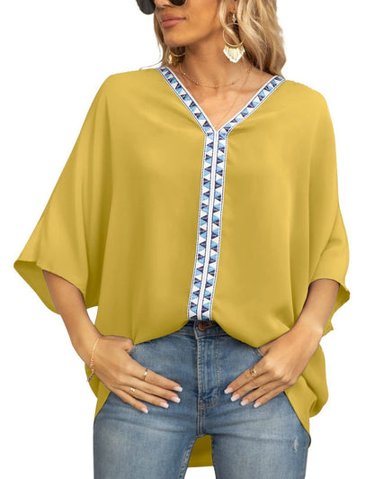 Women's Geometric Embroidered Trim V-Neck Loose Tunic
