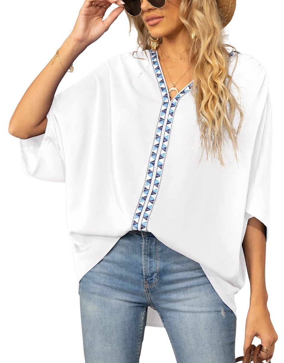 Women's Geometric Embroidered Trim V-Neck Loose Tunic