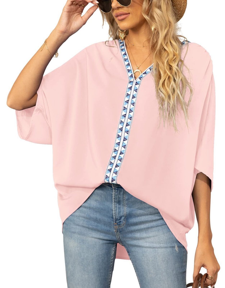 Women's Geometric Embroidered Trim V-Neck Loose Tunic