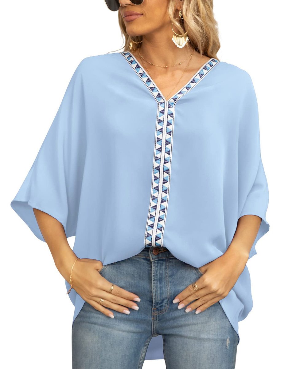 Women's Geometric Embroidered Trim V-Neck Loose Tunic