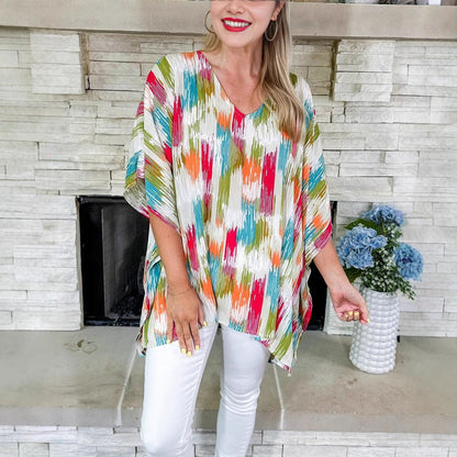 Women's Colorful Abstract Pattern Loose V-Neck Tunic