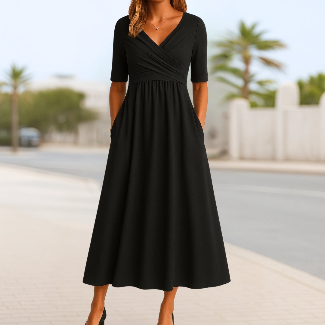 Women's Short-Sleeve A-Line Wrap Midi Dress