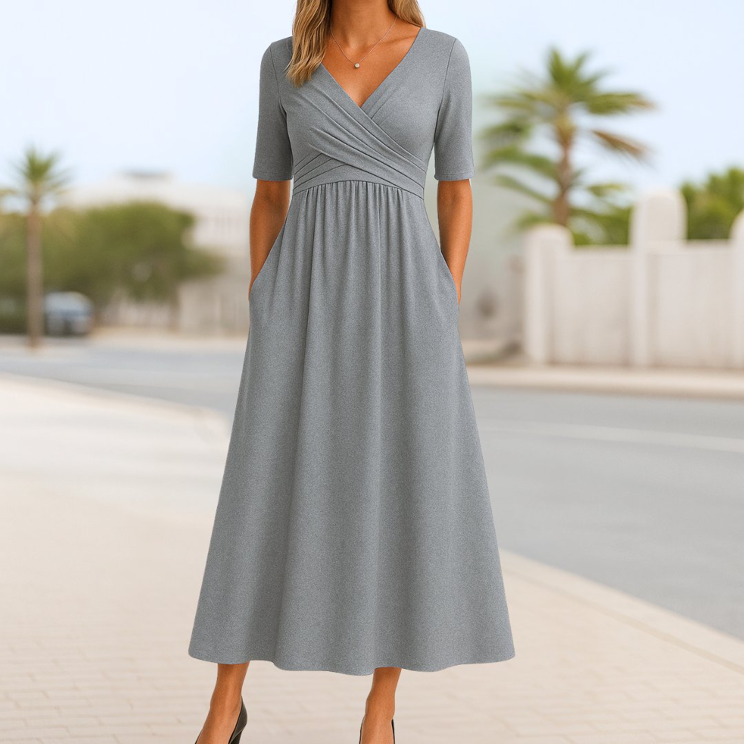 Women's Short-Sleeve A-Line Wrap Midi Dress