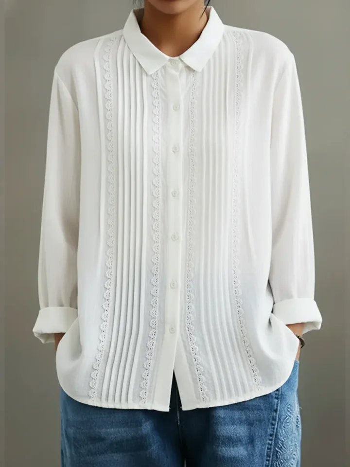 Women's Button-Front Pleated Lace Long-Sleeve Top in White