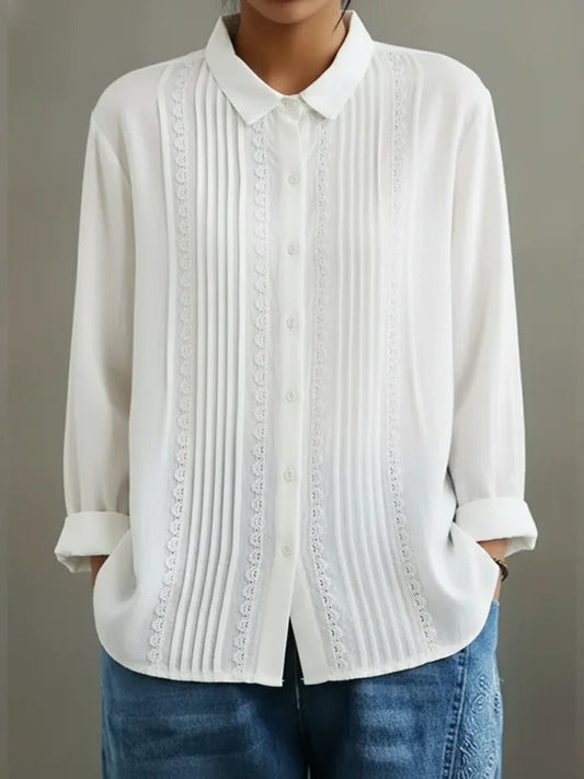 Women's Button-Front Pleated Lace Long-Sleeve Top in White