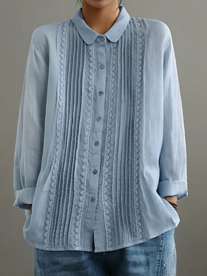 Women's Button-Front Pleated Lace Long-Sleeve Top in White