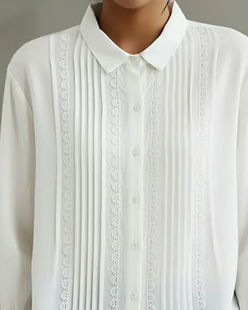 Women's Button-Front Pleated Lace Long-Sleeve Top in White