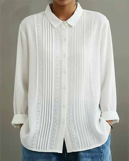 Women's Button-Front Pleated Lace Long-Sleeve Top in White