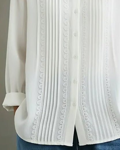 Women's Button-Front Pleated Lace Long-Sleeve Top in White